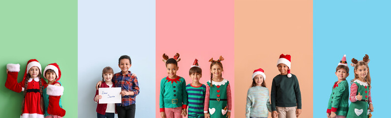 Collage with cute children in Christmas costumes on colorful background