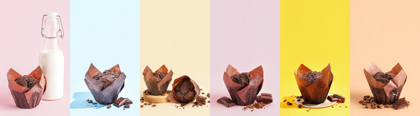 Collage of tasty chocolate muffins with milk on color background