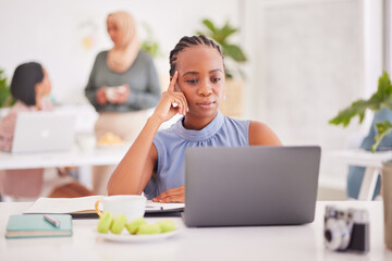 Laptop, thinking and black woman in business, planning and working online, strategy ideas or internet search, website technology and office desk. Young employee, reading email or computer pc analysis