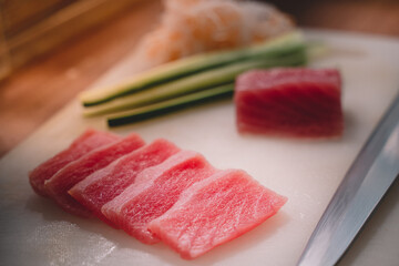 Ready-to-eat colorful fish sushi. sushi is a street food of japan and new business in the world.