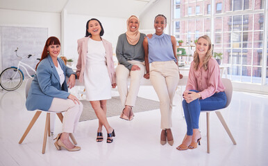 Business women, team and diversity, corporate portrait in office, happy with teamwork in female led...