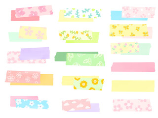 Cherry blossoms(sakura) and spring masking tape(WashiTape) cute and pop Hand-drawn watercolor illustration set / 桜と春のポップでかわいいマスキングテープ 手描きの水彩イラストセット
