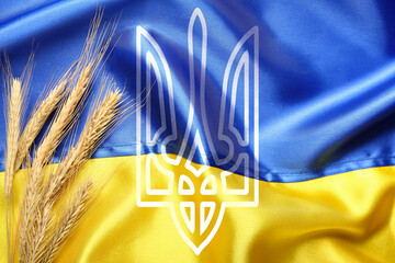 Wheat ears and trident on flag of Ukraine
