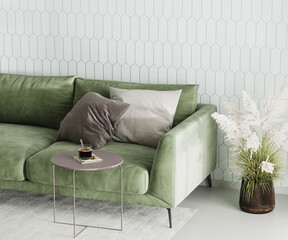 Cotemporary living room interior with green velvet sofa