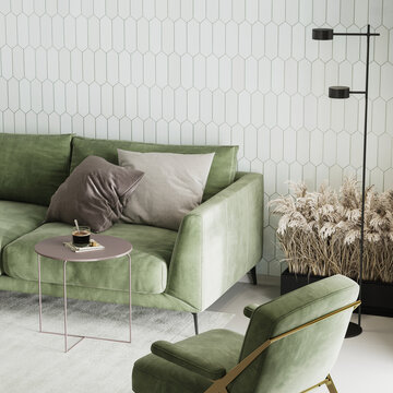 Cotemporary living room interior with green velvet furniture and tile
