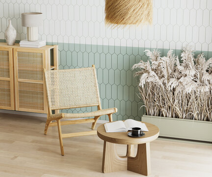 Rural style room interior with wooden armchair and cupboard