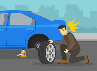 Safe car driving tips and traffic regulation rules. Young male character sits down and changes the flat rear tire on city road. Close-up side view. Flat vector illustration template.