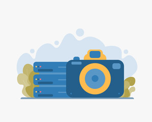 Camera sign. Uploading picture on online cloud server. Data sharing. Cloud server digital data tech concept. Perfect vector graphics