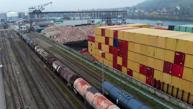 Container harbor dock with train tank wagon ready to be loaded 30fps 4k