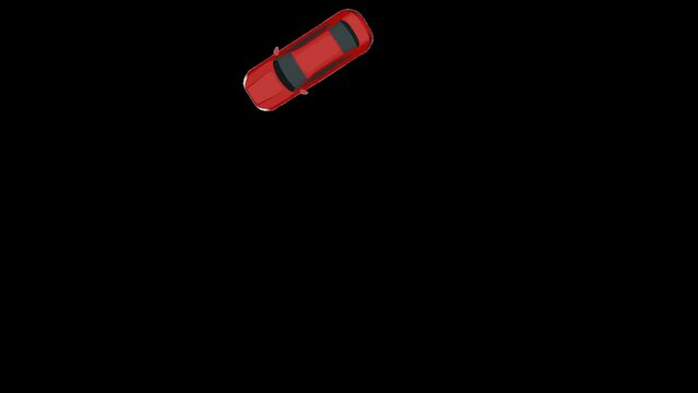 3D animation of a red car driving in circles isolated on a black background