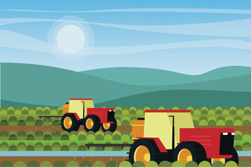 Sprinkler tractor watering organic farm field 2d vector illustration concept for banner, website, illustration, landing page, flyer, etc