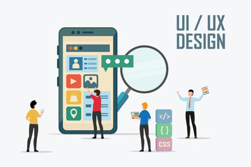 Programmer and designer working on UI design 2d vector illustration concept for banner, website, illustration, landing page, flyer, etc