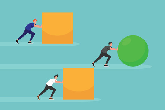 smart young entrepreneur pushing a sphere leading the race against a group of slower young entrepreneurs pushing boxes 2d vector illustration concept for banner, website, illustration, landing page, f