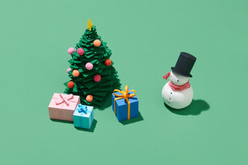 Christmas composition. craft Gift box, small tree, branches