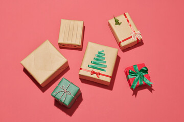 Gift boxes wrapped in red checked paper and the contents