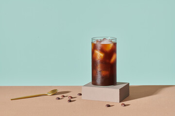 Cold brew coffee with ice or iced coffee.