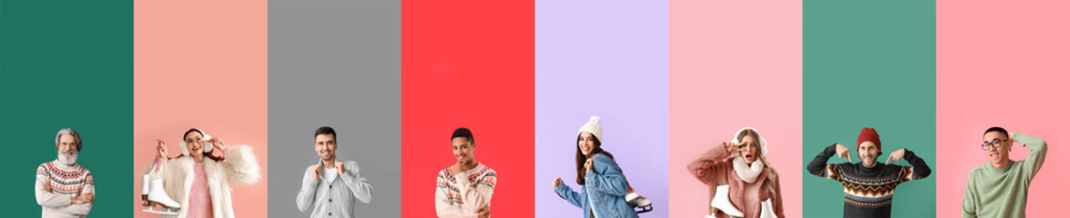 Collage of different people in stylish winter clothes on color background