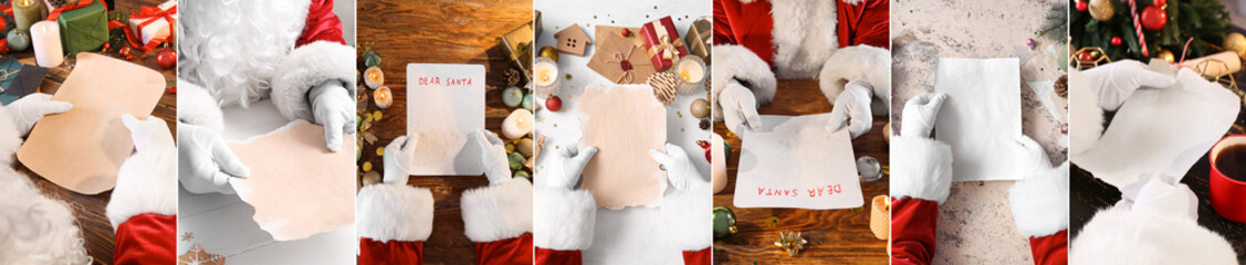 Collage of Santa Claus holding blank letters at table