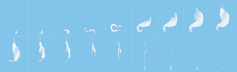 Milk splash animation, sprite, liquid swirl, splatters vfx game effect. Cartoon 2d liquid drops, white flow elements, explosion, burst, spatter blast, drip or ripple dynamic animated motion Vector set