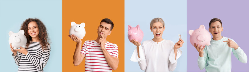 Set of people with big piggy banks on colorful background