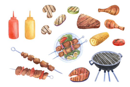 Barbecue grill with fried meat steak, mushrooms and vegetables. Watercolor Grilled chicken and fish. Cooked bbq set isolated on white.