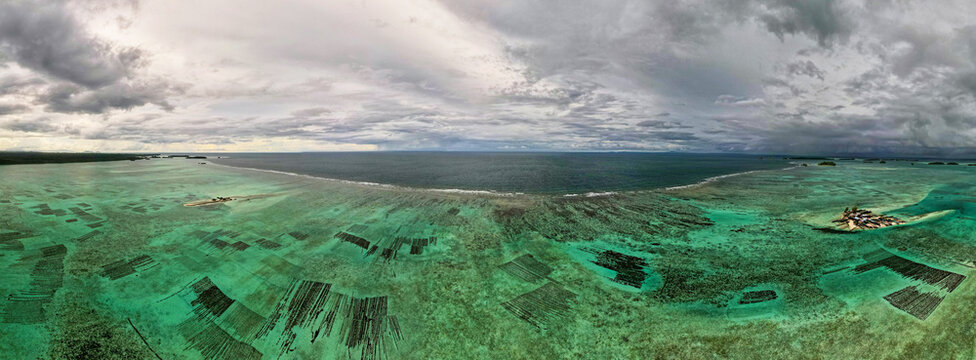 South Pacific Solomon Islands seaweed farm aerial drone landscape
