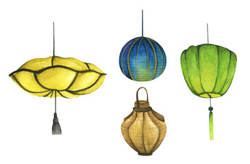 Set of traditional Chinese paper lanterns. Isolated on white background. Hand drawn watercolor sketch illustration.