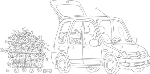 Cuter small car with an open trunk in a supermarket parking lot and a shopping cart full of foods, drinks, sweets and gifts for winter holidays, black and white vector cartoon illustration