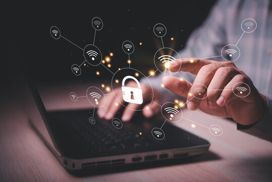 hand touching button on virtual screen to unlock multiple wifi security system node .futuristic digital processing of biometric identification fingerprint scanner for access personal financial data - Powered by Adobe