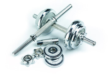 dumbbell silver set on white background.