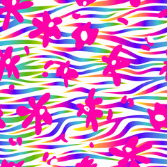  Abstract flowers on a rainbow zebra stripes background. Vector seamless pattern for printing on fabric and paper. 