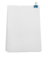 Blank sheets of paper with binder clip on white background, top view