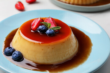 Delicious pudding with caramel, strawberries and blueberries on white table, closeup