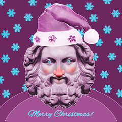 Contemporary art collage with face of ancient statue with red nose in funky xmas decor. Crazy concept of holidays, party, 2023 New Year and Merry Christmas. New Year's drunk Santa Claus funny moods.
