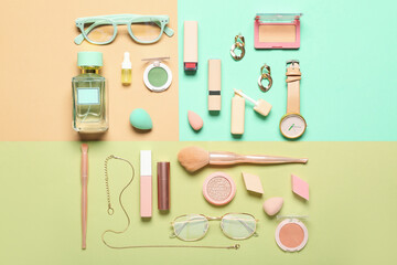 Decorative cosmetics with makeup accessories and jewelry on color background
