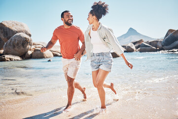 Black couple, beach and running while happy on vacation in summer with energy, love and happiness...