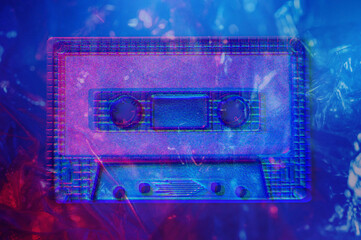 Retro audio compact cassette tape for recorder or player in bright acid neon colors. Vintage Style 80-90s. Template for music album cover, flyer, magazine, leaflet. Nostalgic memories of old school.