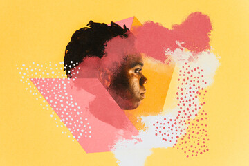 Analog collage portrait with color blocks and circular brush strokes