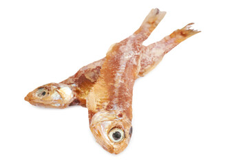Delicious dried salted anchovies on white background