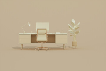 Fototapeta premium Pastel beige monochrome minimal office table desk. Minimal idea concept for study desk and workspace. Mockup template, 3d rendering 