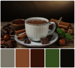 Composition with yummy hot chocolate in cup on wooden table and color palette. Collage