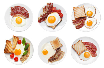 Set with tasty fried eggs, bacon, bread and tomatoes on white background, top view