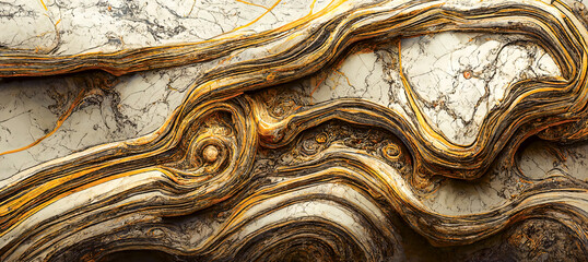 Texture of white marble with gray and gold veins. Natural pattern. Abstract 3D illustration of marble surface for backgrounds, wallpapers, photo wallpapers, murals, posters.