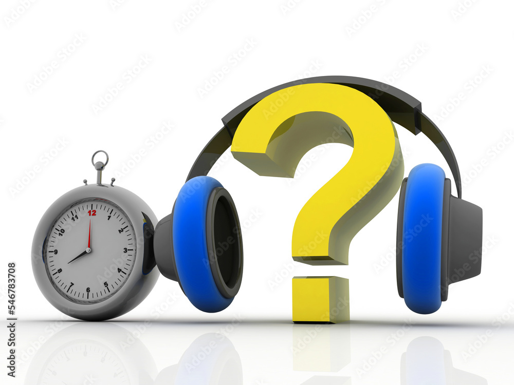 Poster 3d rendering question mark connected headphone with clock