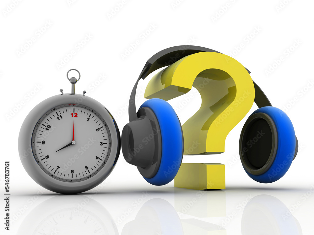 Poster 3d rendering question mark connected headphone with clock
