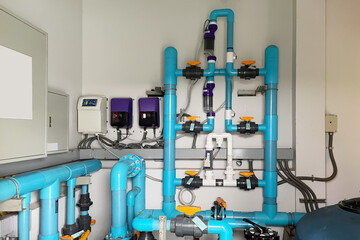 Image background of inside mechanical room of pipeline system for swimming pool. - 546783930