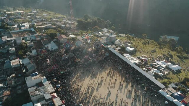 All Saint's Day Afternoon With Many People During Sumpango Kite Festival In Guatemala. Aerial Drone Shot