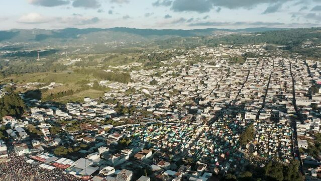 Cityscape View With Flying Giant Kite During The All Saints' Day Celebration In Sumpango, Guatemala. Aerial Drone Shot