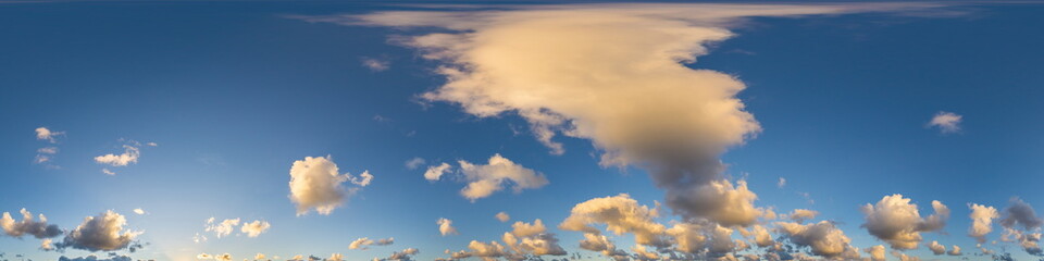 Dark blue sunset sky panorama with Cumulus clouds. Seamless hdr pano in spherical equirectangular format. Complete zenith for 3D visualization, game and sky replacement for aerial drone 360 panoramas.