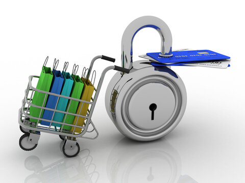 3d rendering  credit or debit card protection lock near shopping bag in trolley
